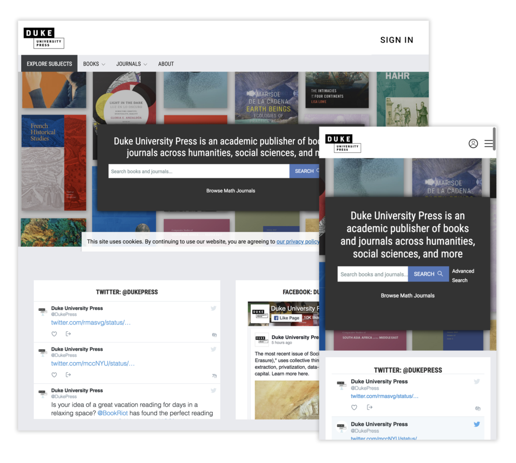 read.dukeupress.edu home page on desktop and mobile
