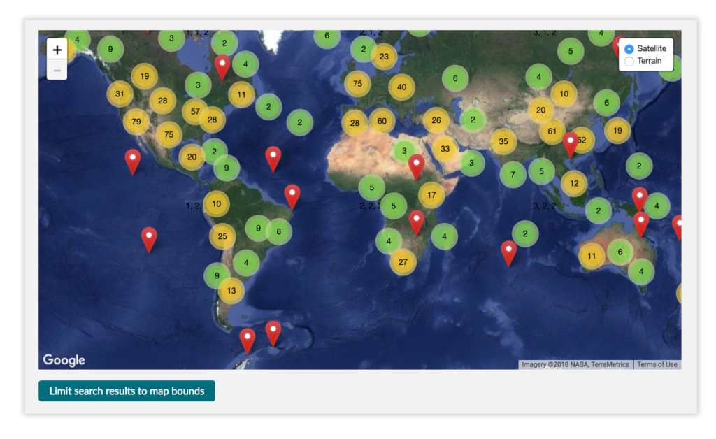 Search results may be viewed on a map and narrowed to specific regions or locations