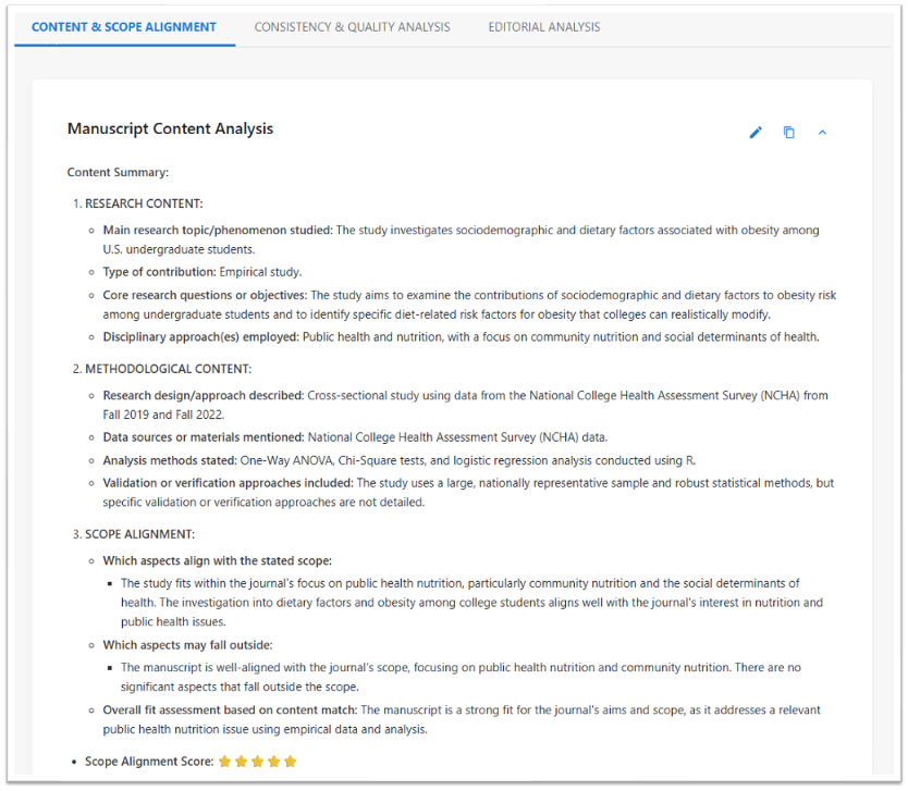 screenshot showing manuscript content analysis