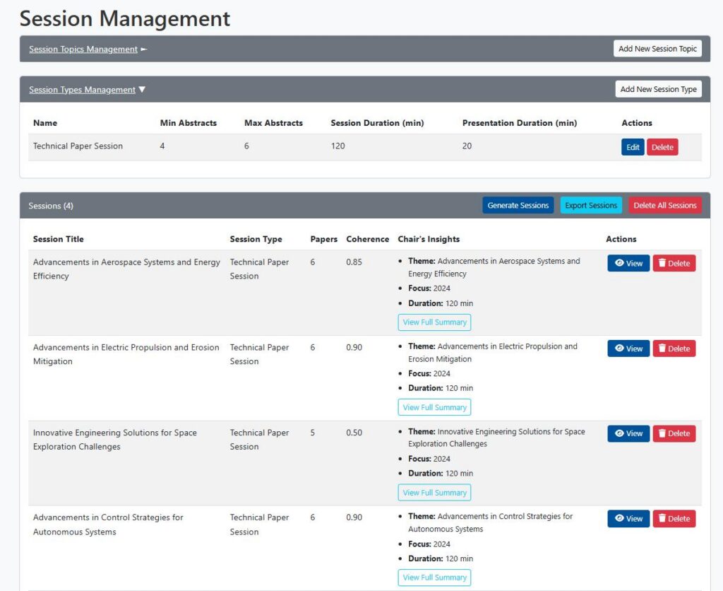 program builder screenshot: session management