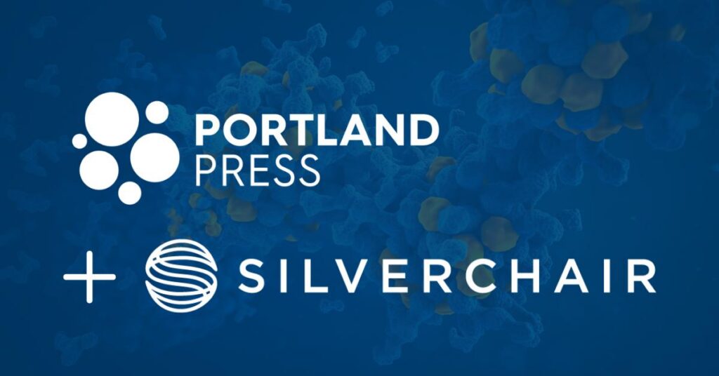 portland press logo, an addition sign, followed by the silverchair logo