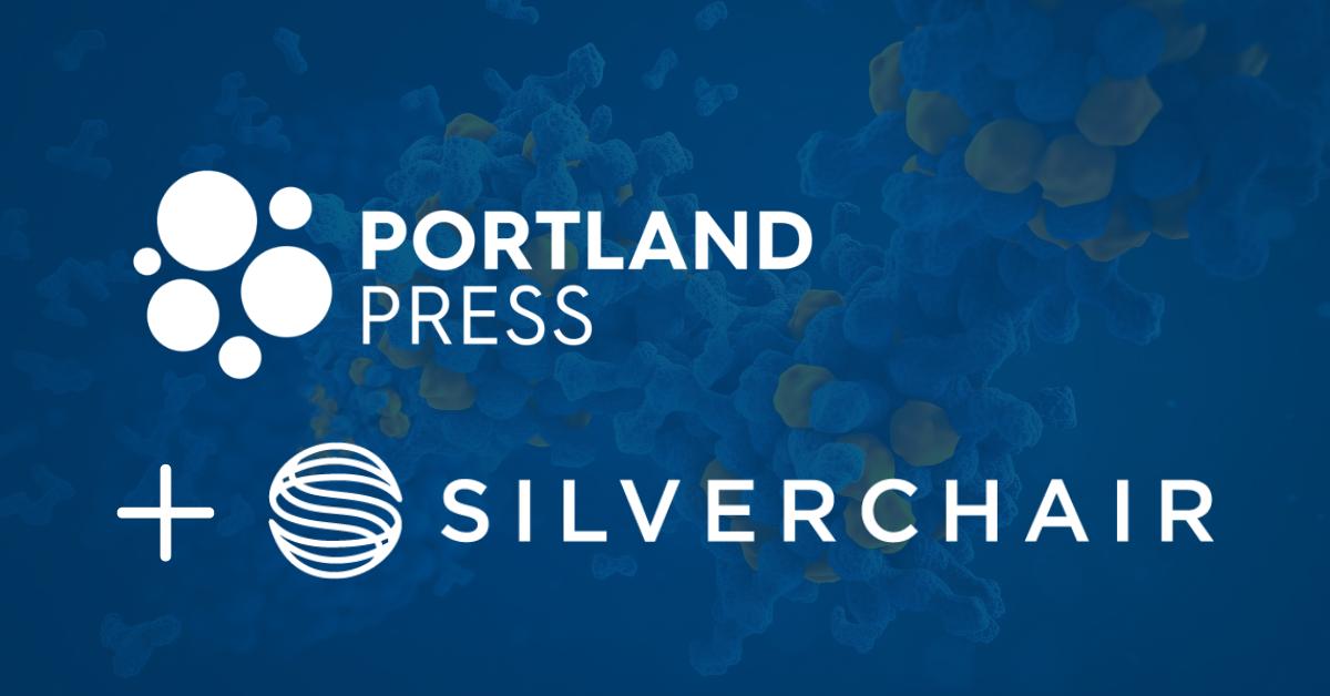 portland press logo, an addition sign, followed by the silverchair logo